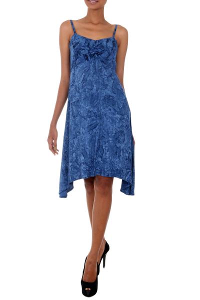 Rayon batik sundress, 'Dreaming of Blue' - Balinese Rayon Batik Sundress in Blue with a Hi Low Skirt
