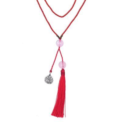 Rose quartz pendant necklace, 'Silver Lotus in Red' - Hand Made Rose Quartz Pendant Necklace from Indonesia