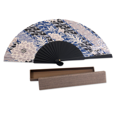 Silk batik fan, 'Blooming Chrysanthemums' - Handcrafted Silk Fan in Blue and Black Batik Design