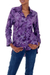 Viskose-Batikbluse - Handgestempeltes lila florales Batik-Rayon-Shirt für Frauen
