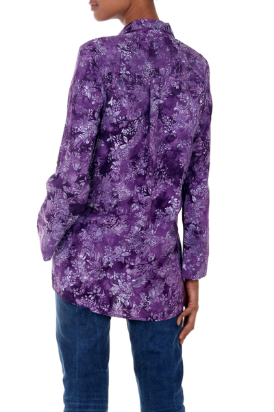 Rayon batik blouse, 'Purple Lily' - Hand Stamped Purple Floral Batik Rayon Shirt for Women