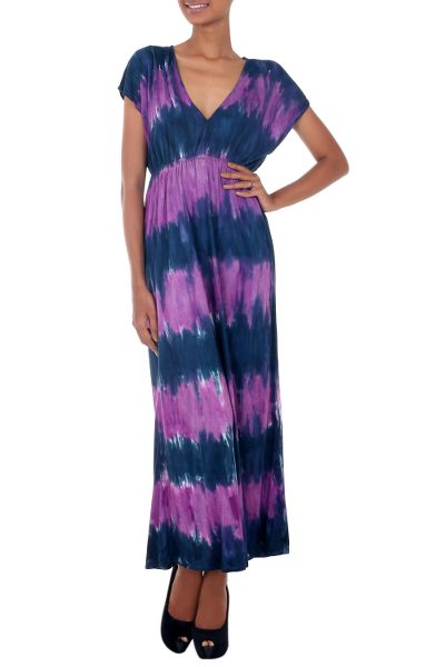Rayon blend maxi dress, 'Twilight Amlapura' - Hand Crafted Tie Dyed Lilac and Blue Maxi Dress