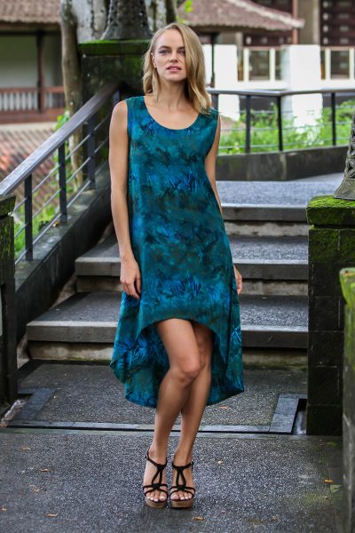 Rayon batik sleeveless dress, 'Kenanga' - Hand Printed Floral Batik Sleeveless Dress from Bali