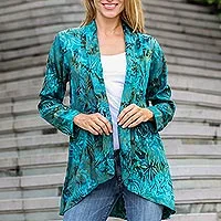 Chaqueta de kimono batik de rayón, 'Kenanga' - Chaqueta de rayón de manga larga para mujer con estampado floral verde azulado