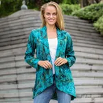 Rayon batik kimono jacket, 'Kenanga' - Long Sleeve Women's Rayon Jacket with Teal Floral Print