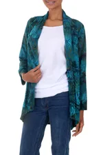 Rayon batik kimono jacket, 'Kenanga' - Long Sleeve Women's Rayon Jacket with Teal Floral Print