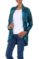 Rayon batik kimono jacket, 'Kenanga' - Long Sleeve Women's Rayon Jacket with Teal Floral Print
