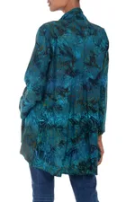 Rayon batik kimono jacket, 'Kenanga' - Long Sleeve Women's Rayon Jacket with Teal Floral Print