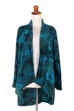 Rayon batik kimono jacket, 'Kenanga' - Long Sleeve Women's Rayon Jacket with Teal Floral Print