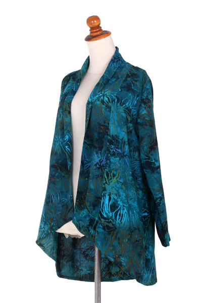 Rayon batik kimono jacket, 'Kenanga' - Long Sleeve Women's Rayon Jacket with Teal Floral Print