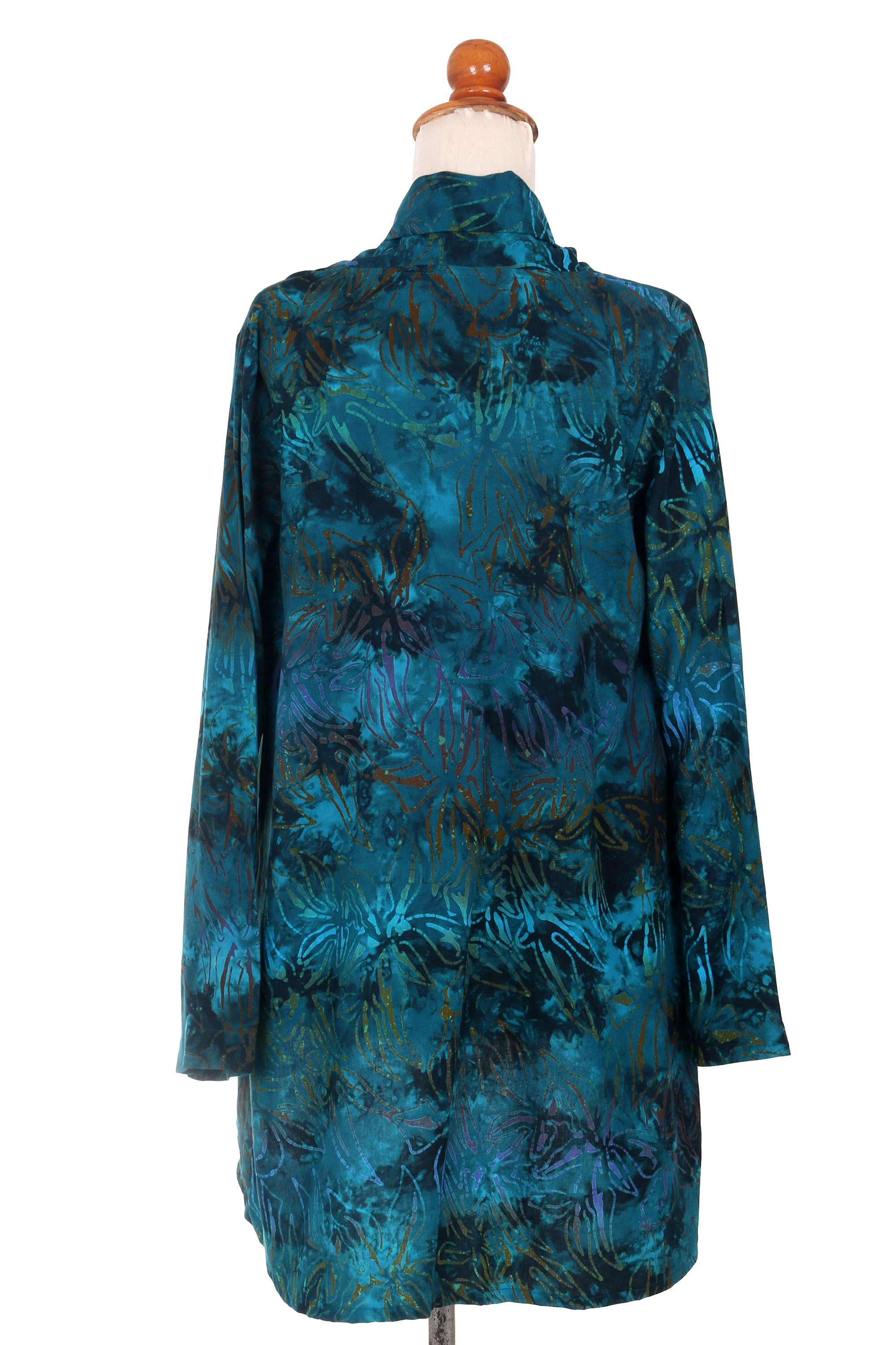 Long Sleeve Women's Rayon Jacket with Teal Floral Print - Kenanga | NOVICA