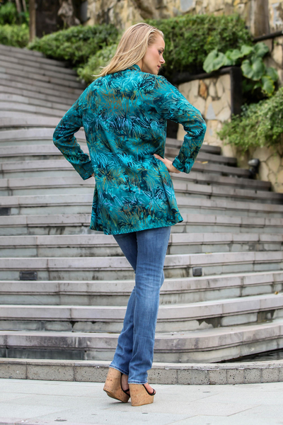 Rayon batik kimono jacket, 'Kenanga' - Long Sleeve Women's Rayon Jacket with Teal Floral Print