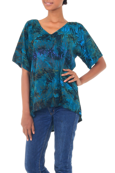 Rayon batik blouse, 'Bali Kenanga' - Hand Stamped Rayon Batik Floral Blouse from Bali