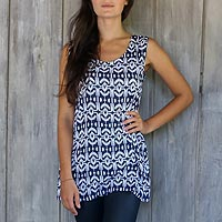 Rayon tank top, 'Candidasa Midnight' - Balinese Hand-stamped Blue and White Tank Top