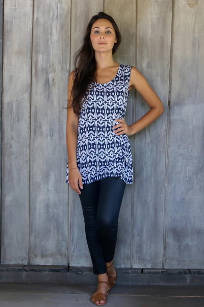 Balinese Hand-stamped Blue and White Tank Top - Candidasa Midnight | NOVICA