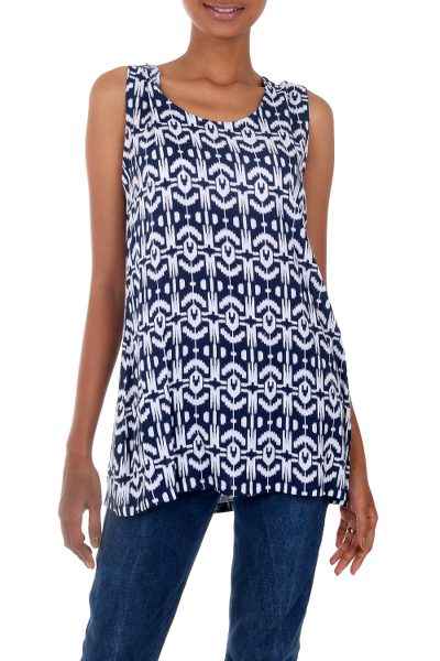 Rayon tank top, 'Candidasa Midnight' - Balinese Hand-stamped Blue and White Tank Top