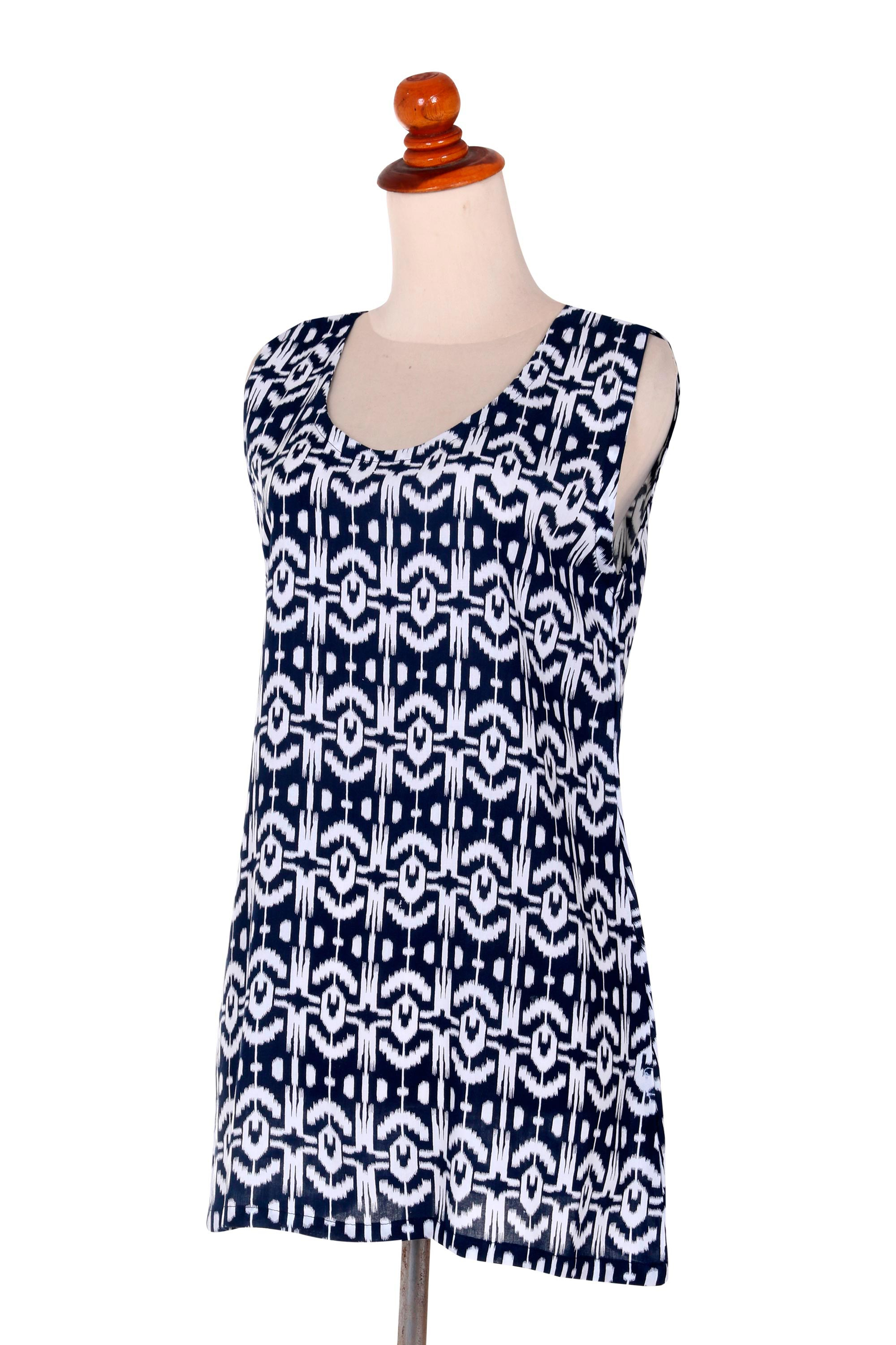 Balinese Hand-stamped Blue and White Tank Top - Candidasa Midnight | NOVICA