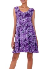Rayon batik sundress, 'Purple Lily' - Short Rayon Sundress with Purple Floral Batik Pattern