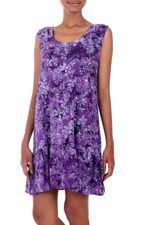 Rayon batik sundress, 'Purple Lily' - Short Rayon Sundress with Purple Floral Batik Pattern