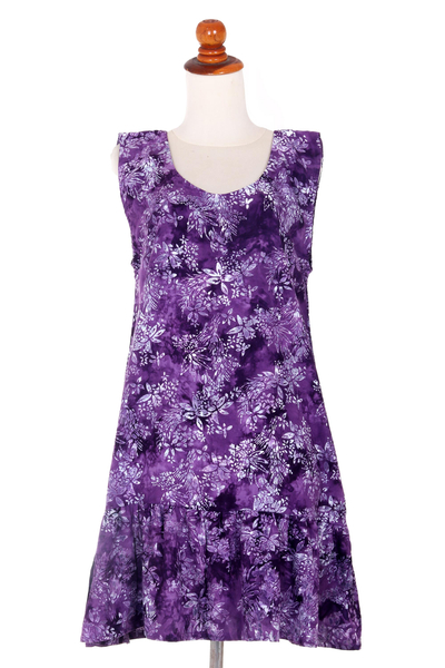 Rayon batik sundress, 'Purple Lily' - Short Rayon Sundress with Purple Floral Batik Pattern