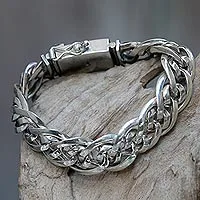 Men's sterling silver chain bracelet, 'Bali Duo'