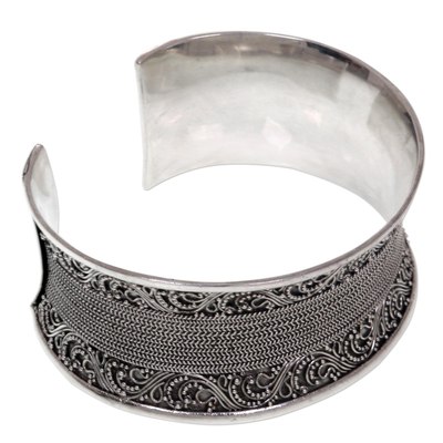 Sterling silver cuff bracelet, 'Fern Tendrils' - Artisan Crafted Ornate Sterling Silver Cuff Bracelet
