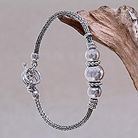 Sterling silver pendant bracelet, 'Naga Trio' - Artisan Crafted Sterling Silver Balinese Naga Snake Bracelet