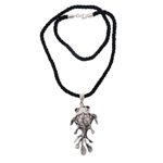 Cultured pearl and garnet pendant necklace, 'Balinese Goldfish' - Cultured Pearl and Garnet Sterling Silver Goldfish Necklace