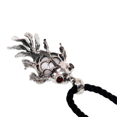 Cultured pearl and garnet pendant necklace, 'Balinese Goldfish' - Cultured Pearl and Garnet Sterling Silver Goldfish Necklace