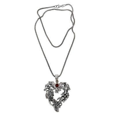 Garnet pendant necklace, 'Heart of the Vineyard' - Heart Shaped Sterling Silver Pendant Necklace with Grapes