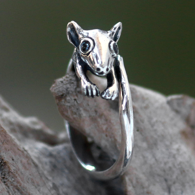 Onyx cocktail ring, 'Little Sugar Glider' - Indonesian Animal Theme Sterling Silver Ring with Onyx
