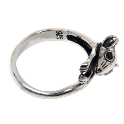 Onyx-Cocktailring - Indonesischer Ring aus Sterlingsilber mit Tiermotiv und Onyx