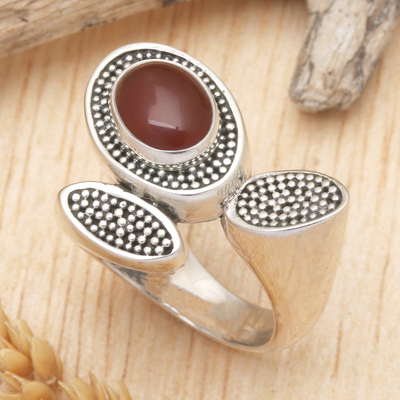 Carnelian cocktail ring, 'Red Lotus' - Handcrafted Lotus Theme Sterling Silver and Carnelian Ring