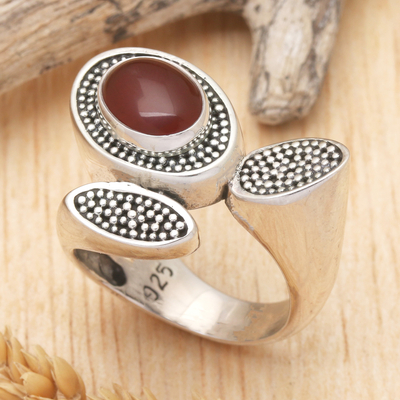 Carnelian cocktail ring, 'Red Lotus' - Handcrafted Lotus Theme Sterling Silver and Carnelian Ring