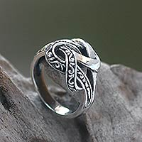 Sterling silver cocktail ring, 'Linked' - Combination Finish Sterling Silver Cocktail Ring from Bali