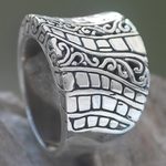 Sterling silver band ring, 'Banana Tree Bark' - Hand Crafted Engraved Sterling Silver Band Ring from Bali