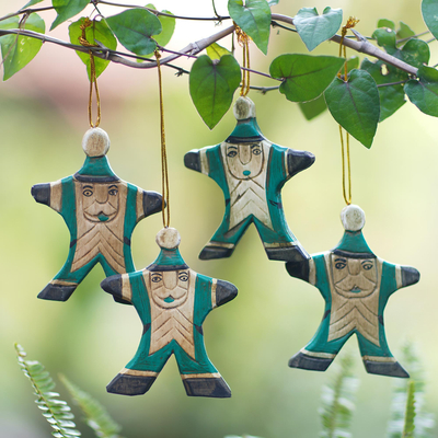 Wood ornaments, Happy Green Santa (set of 4)