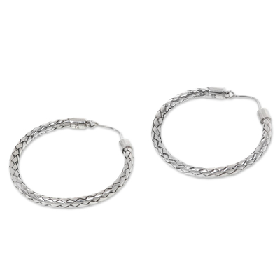 Sterling silver hoop earrings, 'Celuk Circles (1.5 inch)' - Hoop Earrings of Handwoven Sterling Silver Ribbons