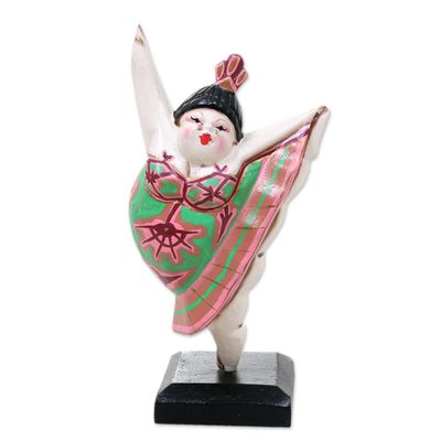 Artisan Crafted Ballet Dancer in Pink and Green Wood Sculpture