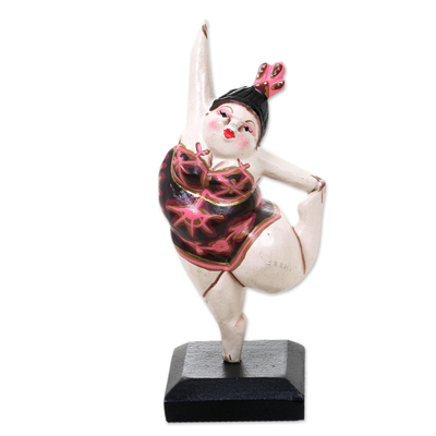 Wood statuette, 'Ballet Dancer VI' - Hand Carved Statuette of Portly Ballet Dancer from Bali
