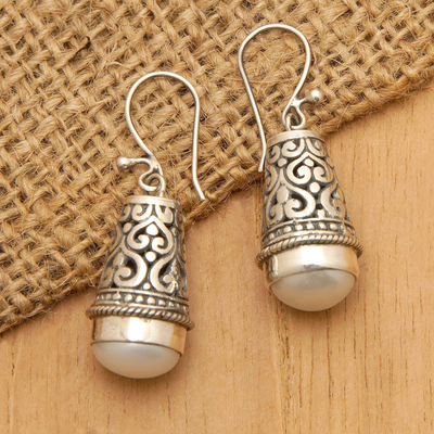 Cultured pearl dangle earrings, 'Silvery Light' - Hand Crafted Pearl and Sterling Silver Dangle Earrings