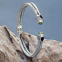Garnet and peridot cuff bracelet, 'Flower Buds' - Braided Sterling Silver Cuff with Peridot and Garnet Gems