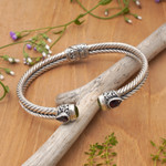 Garnet and peridot cuff bracelet, 'Flower Buds' - Braided Sterling Silver Cuff with Peridot and Garnet Gems