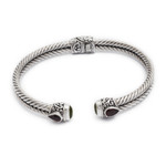 Garnet and peridot cuff bracelet, 'Flower Buds' - Braided Sterling Silver Cuff with Peridot and Garnet Gems