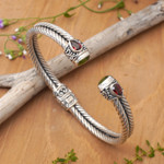 Garnet and peridot cuff bracelet, 'Flower Buds' - Braided Sterling Silver Cuff with Peridot and Garnet Gems
