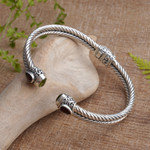 Garnet and peridot cuff bracelet, 'Flower Buds' - Braided Sterling Silver Cuff with Peridot and Garnet Gems