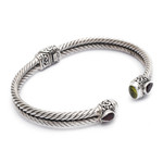 Garnet and peridot cuff bracelet, 'Flower Buds' - Braided Sterling Silver Cuff with Peridot and Garnet Gems