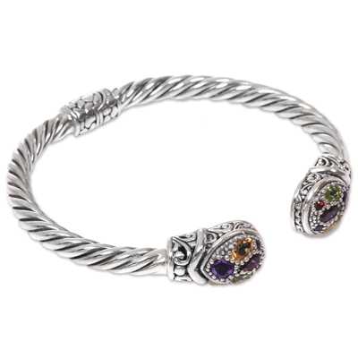Multigem cuff bracelet, 'Sukawati Glamour' - Indonesian Sterling Silver Cuff with Four Gemstones