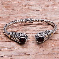 Garnet cuff bracelet, 'Gelgel Empress' - Regal Garnet Cable Design Hinged Cuff Womens Bracelet
