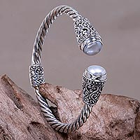 Cultured freshwater pearl cuff bracelet, 'Precious Dewdrops' - Hand Crafted Artisan 925 Sterling Silver Balinese Hinged Cuf
